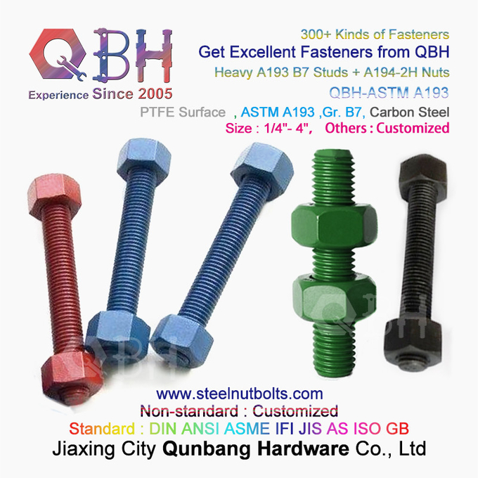 QBH PTFE 1070 레드/블루/블랙/그린 코팅 1/4"-4" ASTM A193 B7 나사산 로드 스터드 볼트(A194-2H 헤비 육각 너트 포함) 3