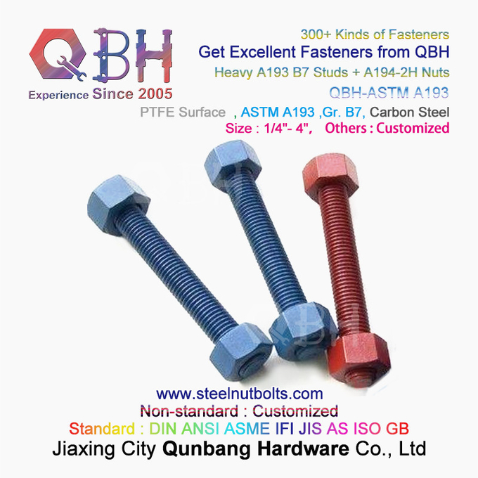 QBH PTFE 1070 레드/블루/블랙/그린 코팅 1/4"-4" ASTM A193 B7 나사산 로드 스터드 볼트(A194-2H 헤비 육각 너트 포함) 2