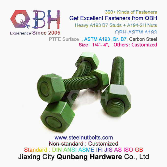 QBH PTFE 1070 레드/블루/블랙/그린 코팅 1/4"-4" ASTM A193 B7 나사산 로드 스터드 볼트(A194-2H 헤비 육각 너트 포함) 1