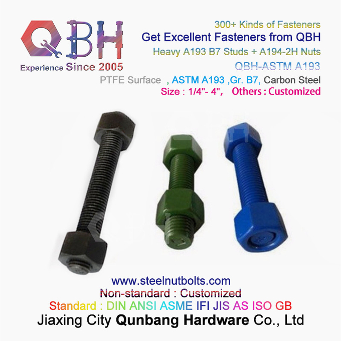 QBH PTFE 1070 레드/블루/블랙/그린 코팅 1/4"-4" ASTM A193 B7 나사산 로드 스터드 볼트(A194-2H 헤비 육각 너트 포함) 0